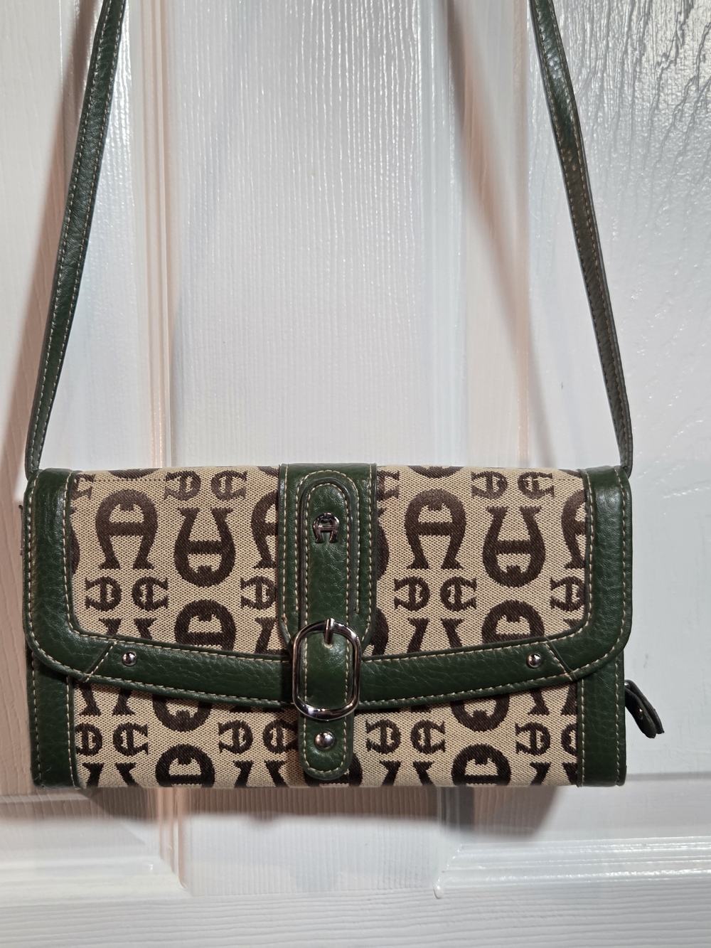 Etienne Aigner Green Trim Logo-Print Canvas Crossbody
